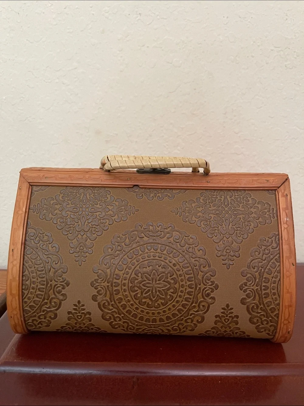 Vintage Wooden Box Purse Mid Century Embossed Leatherette Carved Frame Handbag